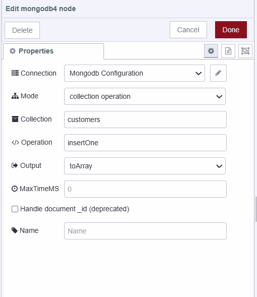 "Screenshot displaying configuration of MongoDB 4 node for inserting data"